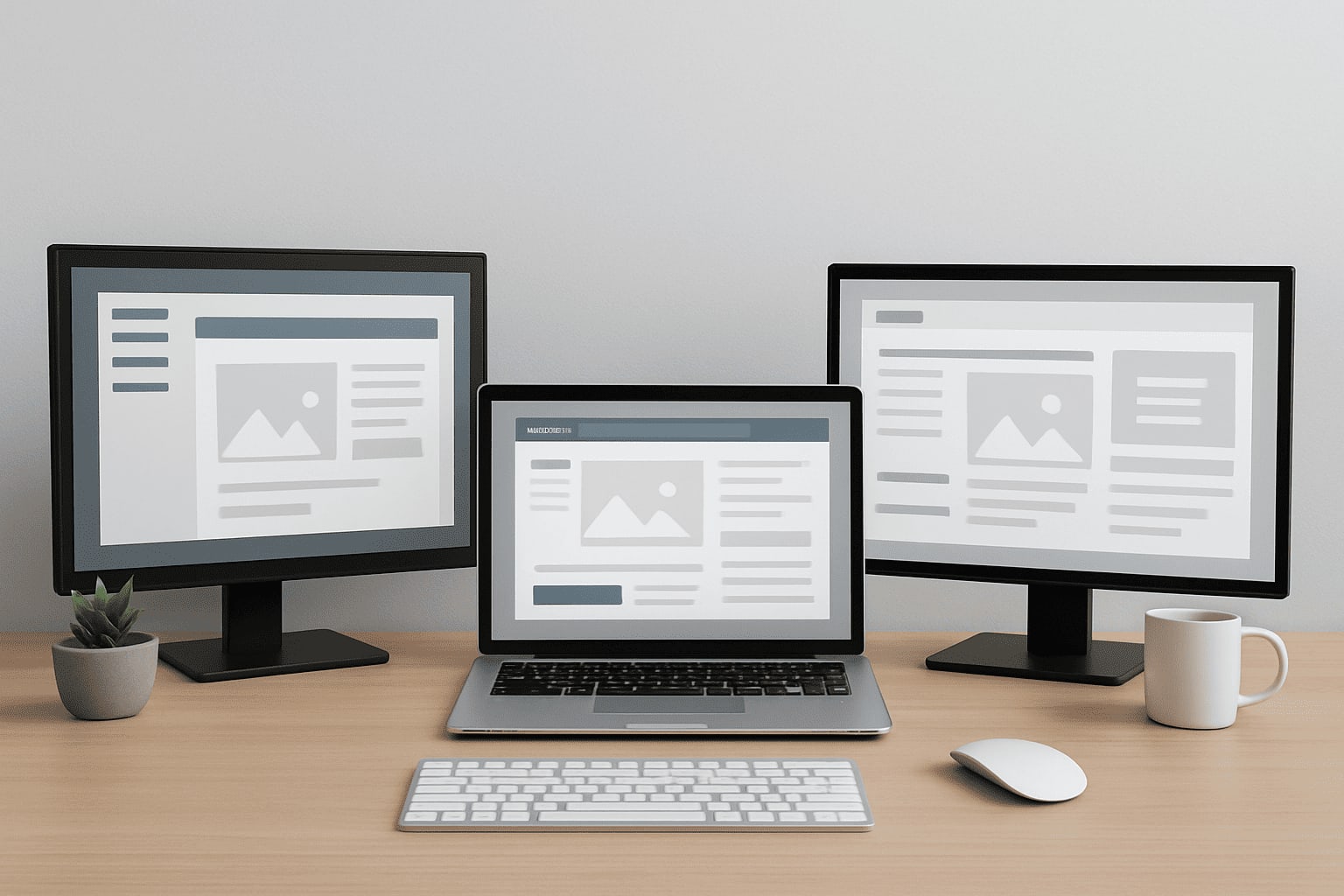a desk with two computer monitors and a laptop